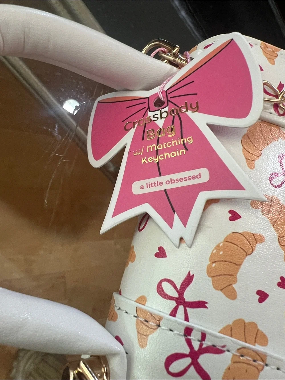 White Croissant Print Kids Mini Handbag with Pink Bow Charm